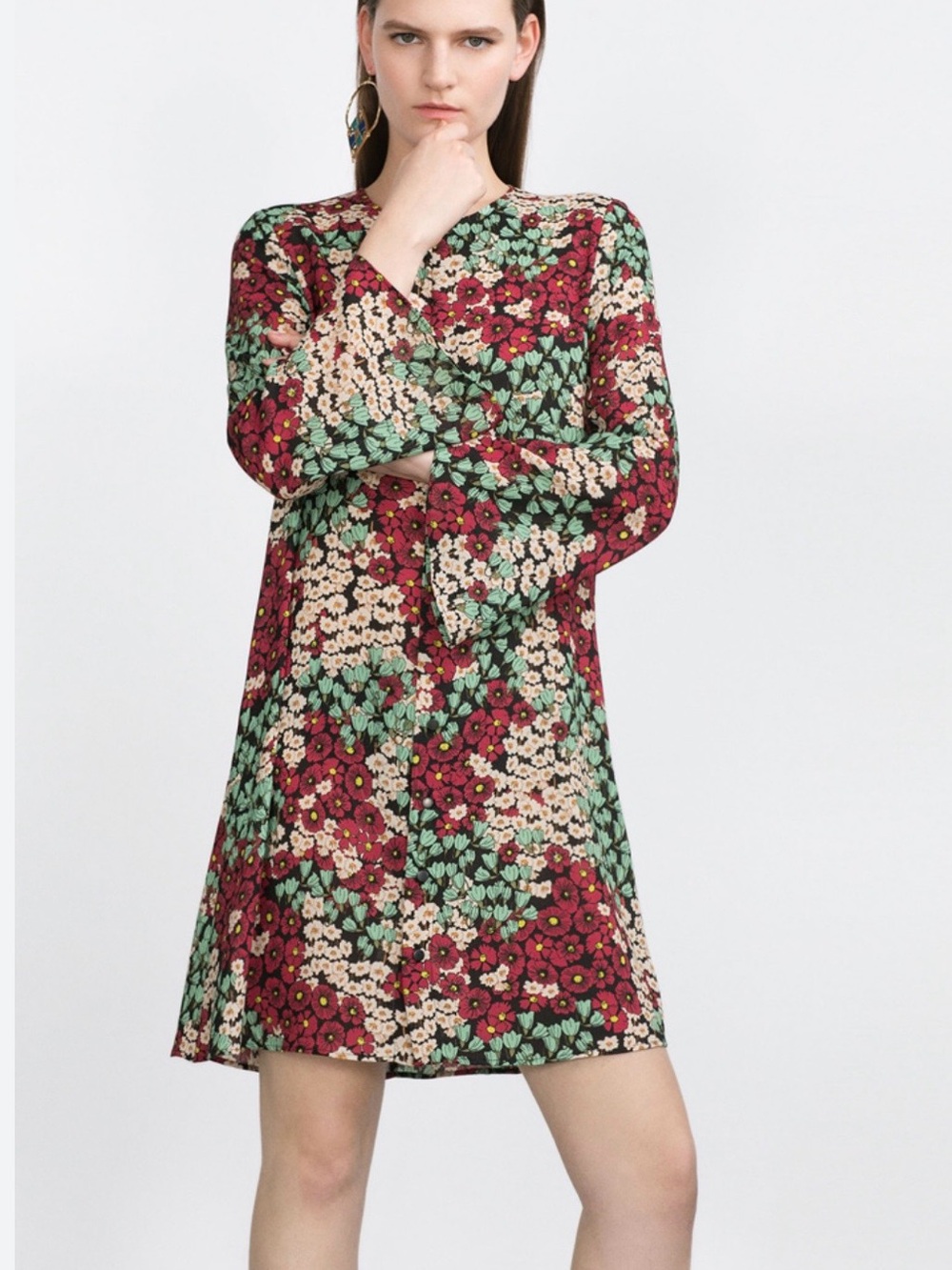 Zara Floral Mini Dress A-Line Size Large Bell Sleeve Boho Pockets